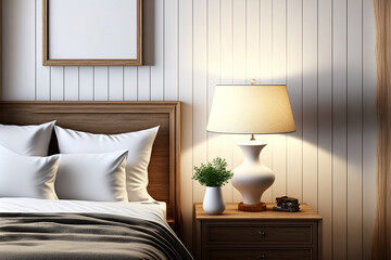 White elegance bedding bedside table desk lamp in modern bedroom interior with wooden panel wall and poster mockup, , 3d illustration. Generative AI
