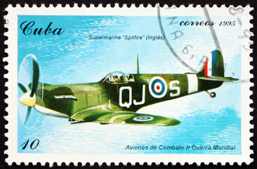 Postage stamp Cuba 1995 Supermarine Spitfire, Great Britany, World War II combat plane