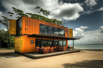 illustration concept of sustainability and recycle , container box remake as restaurant, office or house, modern and Contemporary design with nature landscape background, seascape, Generative Ai