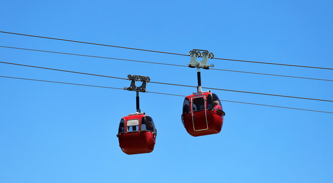 Cable car of Cerro Otto, San Carlos de Bariloche, Rio Negro, Argentina. Means of transport that goes up to Cerro Otto and its rotating confectionery. Tourist attraction. Red funicular.