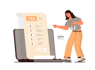 Online tax payment vector illustration. Government taxation concept. Tax calculation, making income tax return. Personal financial account. Woman pay tax bills online on the website form via laptop.