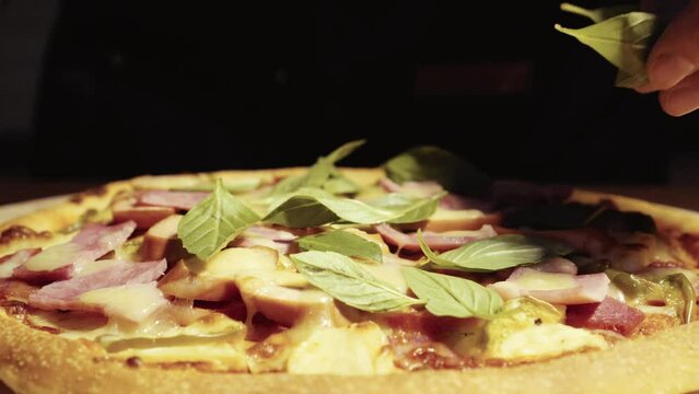 Close up homemade pizza on the table, fast food cooking in the kitchen at home, Food Fottage Clip.