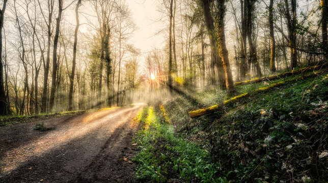 Waldweg in Stuttgart bei Sonnenaufgang und Dunst - 
Forest path in Stuttgart at sunrise and mist