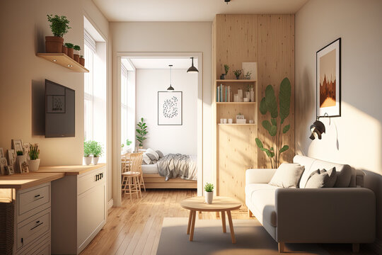 Small studio apartment with bathroom with wooden furniture, sofa bed and light wooden floors. Generative AI