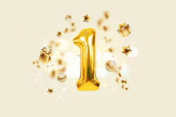 Golden number 1 is flying with golden confetti, gifts, mirror ball and stars balloons on a beige background with bokeh lights and sparks, creative idea. Winner and first place, concept. - obrazy, fototapety, plakaty