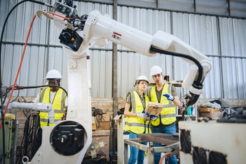 ngineers team mechanic using computer controller Robotic arm for welding steel in steel factory workshop. Industry robot programming software for automated manufacturing technology