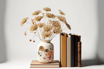 Dry flowers plant vase on book shelf or desk white background. Generative AI