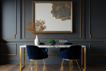Mock up of a horizontal picture frame in a contemporary dining room with opulent dark blue seats, a marble and gold table, a wooden floor, and a gray wall. Generative AI