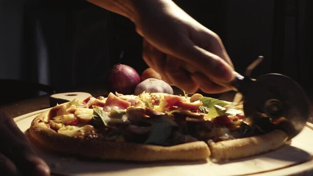 Close up homemade pizza on the table, fast food cooking in the kitchen at home, Food Fottage Clip.