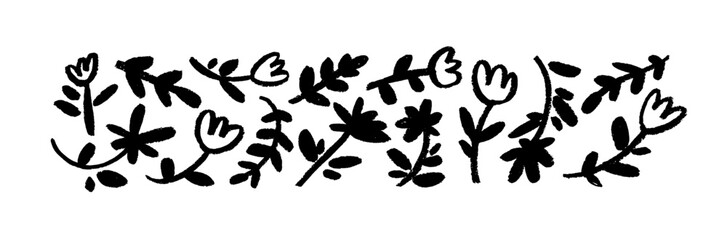 Obraz na płótnie Canvas Childish floral elements isolated on white background. Small black flowers on stems and branches with leaves. Brush drawn vector wild plants. Hand drawn sketch chamomiles collection.