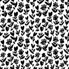Fototapeta premium Ink drawing wild flowers seamless pattern. Monochrome artistic botanical ornament. Chamomile with heart shape blossoms. Small wild and meadow herbs and flowers. Brush drawn vector elements. 