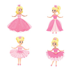 Beautiful princess in a crown and a pink dress. Vector set of four princesses with different hairstyles and different dresses.