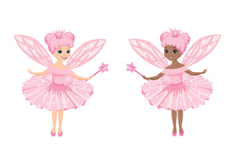Cute fairy princess in a crown and a pink dress. Vector set of two fairies with wings and a magic shoulder isolated on a white background.
