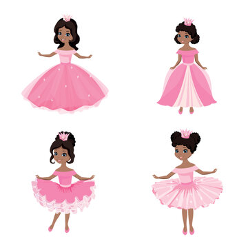 Beautiful princess in a crown and a pink dress. Vector set of four princesses with different hairstyles and different dresses.