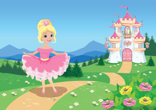 A beautiful princess in a pink dress walks along the path near the fairy tale castle. Vector illustration.