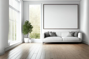 Fototapeta na wymiar Bright empty room interior with empty white poster, white wall, sofa, panoramic window, oak wooden hardwood floor. Concept of spacious place made for creative idea. Mock up. Generative AI
