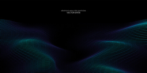 Fototapeta Flowing dot particles wave pattern blue and green gradient light isolated on black background. Vector in concept of AI technology, science, music. obraz