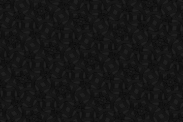 Embossed luxury black background, ethnic cover design. Press paper, boho style. Geometric tribal artistic 3d pattern. Handmade elements of the peoples of the East, Asia, India, Mexico, Aztecs, Peru.