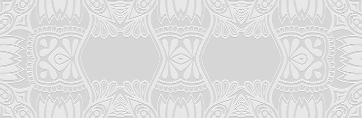 Luxury banner, abstract cover design. Embossed geometric ethnic 3d pattern on a white background, paper press, boho, art deco. Tribal textures of East, Asia, India, Mexico, Aztecs, Peru.