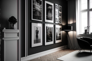 On the wall of a stylish room, a gallery of black and white posters are displayed in frames. Generative AI