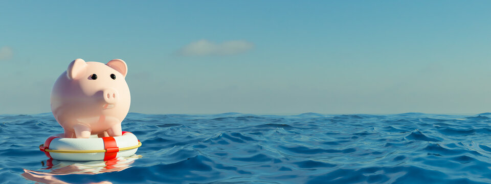 Piggy bank on the ocean, piggy-bank 3D render.