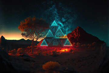 Neon Sacred Geometry in Mountainous Landscape at Sunset Generative AI