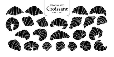 Cute hand drawn isolated black silhouette with white outline of croissants in 23 styles