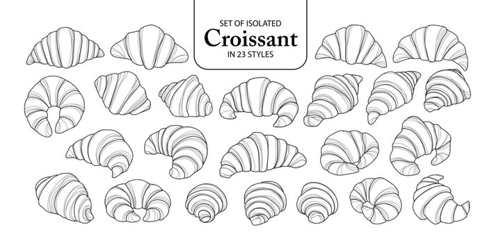 Cute hand drawn isolated black outline with white plane of croissants in 23 styles