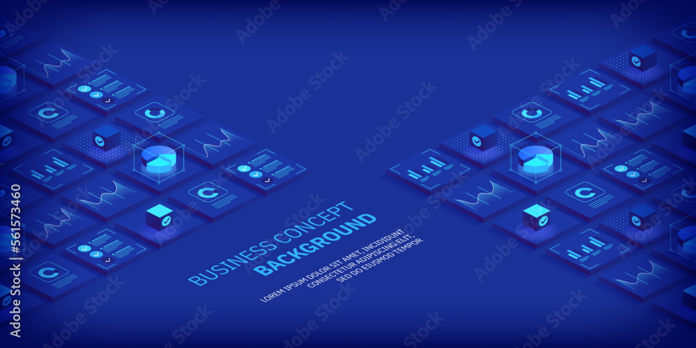 Poster business and finance abstract vector isometric background. online statistics and data analytics. dig