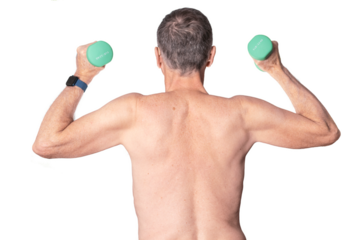 Senior man with naked back exercising with arm or hand weights and isolated against white background