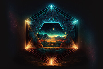 Neon Sacred Geometry in Mountainous Landscape at Sunset Generative AI