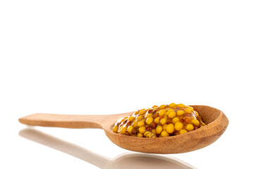 French mustard with wooden spoon, macro, isolated on white background.