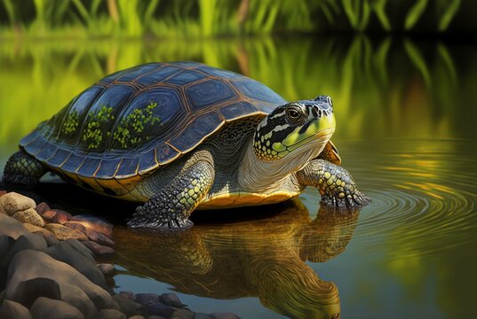 turtles basking in the sun in a lake. AI generated image