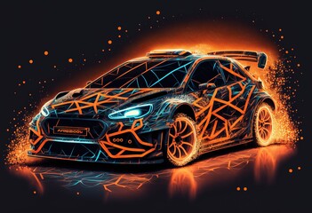 Obraz na płótnie Canvas Futuristic Sports car or Rally Car Racing on Glowing Lines and Roads - An Extreme Sports Illustration with Glowing Light, Highlighting the Art of Car Racing generative ai