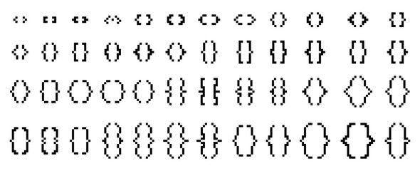 8 Bit pixel art curly braces icon set. isolated PNG curly braces symbol. Pixelart style. Pixelated icons. 