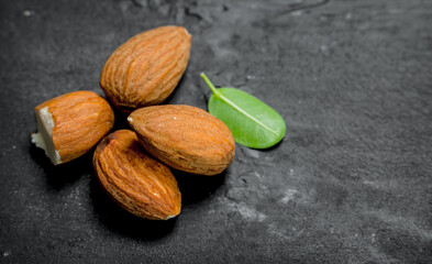 Almonds with green leaves.
