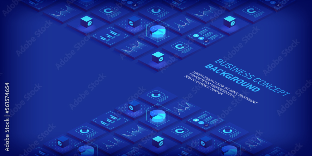 Aufkleber business and finance abstract vector isometric background. online statistics and data analytics. dig