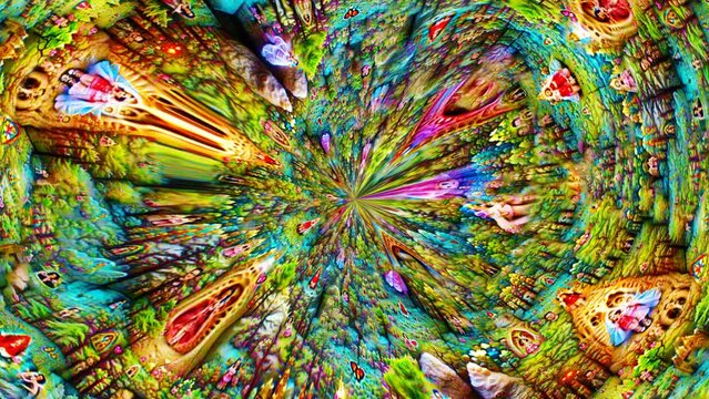 Kaleidoscopic abstract background. Seamless animation of a zoom in fairy tale forest with trees seamless tileable texture illustration in pixel art style