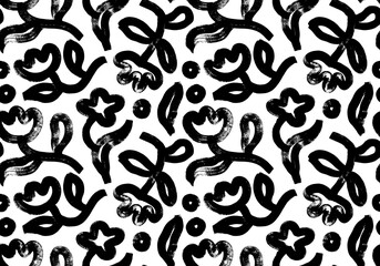 Bold flowers in naive style seamless pattern. Brush drawn tulips silhouettes. Abstract black vector blossoms. Bold curved stems with leaves and buds. Elegant naive spring floral design. 
