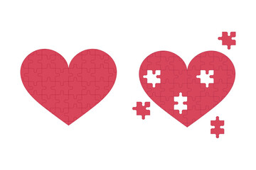 Puzzle hearts set. Whole and broken heart isolated. Flat vector illustration on white background. Happy and unhappy love