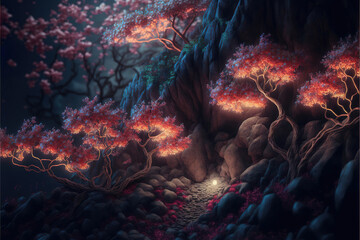 beautiful sunset lights in the magical fantasy spring time blossoming cherry tree sakura forest, generative ai