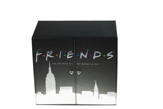 Close up view of collectible box with full ten series season of Friends movie on dvd. Sweden. 