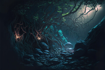 Fototapeta na wymiar beautiful mistery lights in the magical fantasy forest, misty woods, generative ai