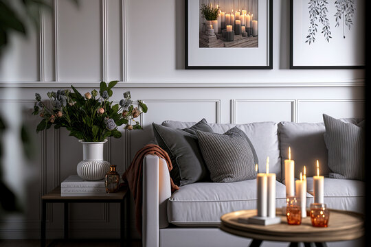 Vertical shot of cozy living room with interior in classic style, comfort grey couch, cushions, wooden coffee table and flowers decor with candles on it. Template picture frame on white wall