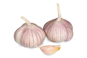 Bulbs and clove of garlic on white background