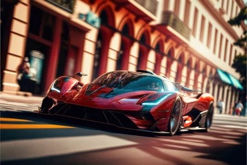 Printed roller blinds Cars luxury red hypercar sportcar on the suburban downtown street, generative ai