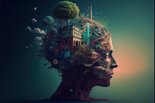 Generative AI illustration of annual collective mind concept art, exploding mind, inner world, dreams, emotions, imagination and creative mind