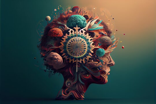 Generative AI illustration of annual collective mind concept art, exploding mind, inner world, dreams, emotions, imagination and creative mind