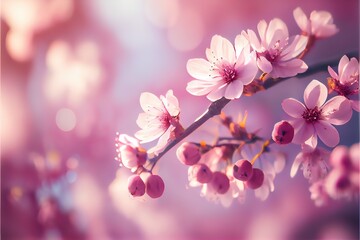 Generative AI illustration of spring banner, branches of blossoming cherry against pink background and nature outdoors. Pink sakura flowers, dreamy romantic image spring, copy space.