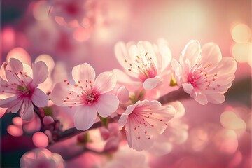 Fototapeta na wymiar Generative AI illustration of spring banner, branches of blossoming cherry against pink background and nature outdoors. Pink sakura flowers, dreamy romantic image spring, copy space.
